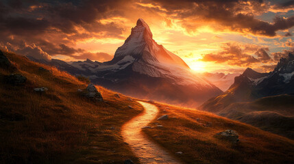 Fototapeta premium A breathtaking sunset over a mountain, with a winding trail leading up its side. The path, bordered by grass and scattered rocks, is bathed in the warm glow of the setting sun behind the peak