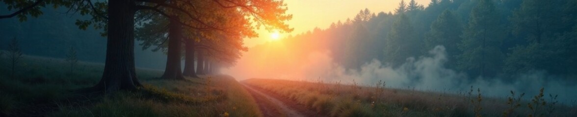 Soft glow illuminates a misty forest with trees in the distance, blurred and indistinct , forest, atmosphere