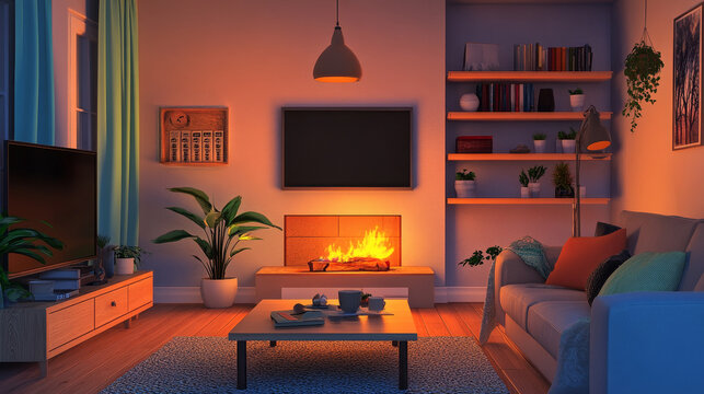 House room interior with furniture. Modern living room with sova, tv, table with books, fireplace with fire, floor lamp, shelves and plants, vector cartoon illustration