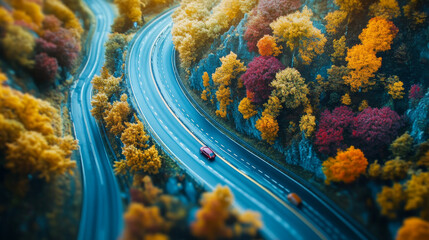 Fototapeta premium A car cruises along an autumn road, surrounded by vibrant fall foliage and winding through a stunning mountain landscape--an idyllic highway journey during the golden season