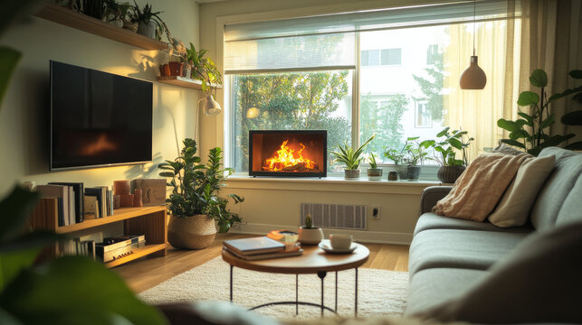 House room interior with furniture. Modern living room with sova, tv, table with books, fireplace with fire, floor lamp, shelves and plants, vector cartoon illustration