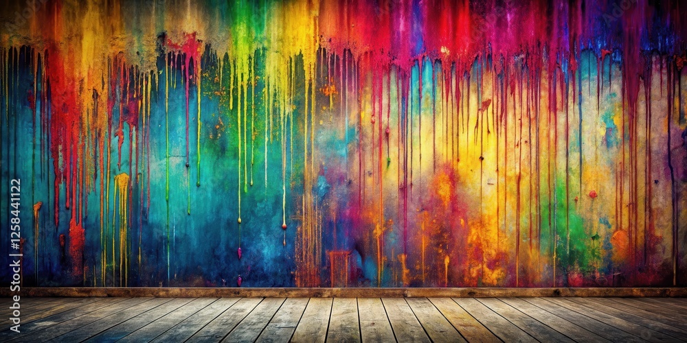 Poster vibrant multicolored paint drips on a textured wall backdrop with a rustic wooden floor