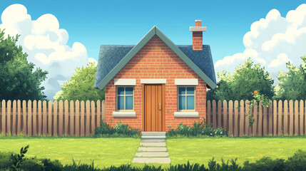 Obraz premium House facade and front door with window cartoon vector background. Country home building with brick wall and wood entrance. Summer outside village apartment exterior with lawn and fence illustration
