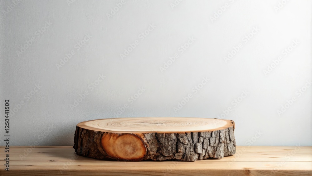 Aufkleber rustic wooden slice on a light wood surface against a neutral backdrop, perfect for product display 