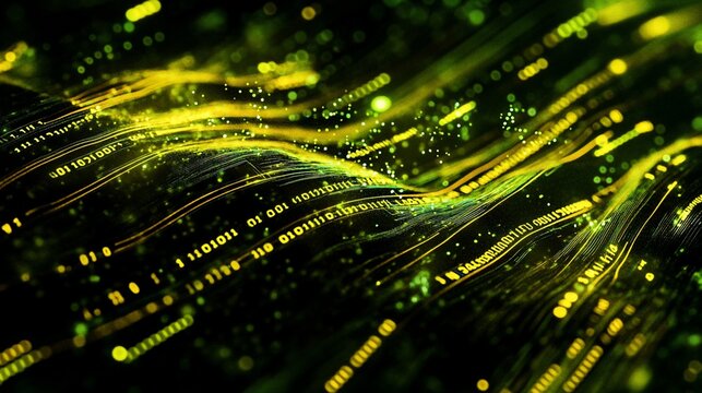 Abstract digital wave of glowing particles and binary code.