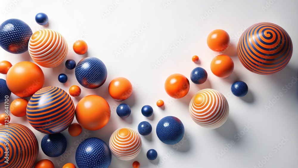 Fototapete abstract composition of vibrant orange and navy spheres with various patterns and textures on a whit