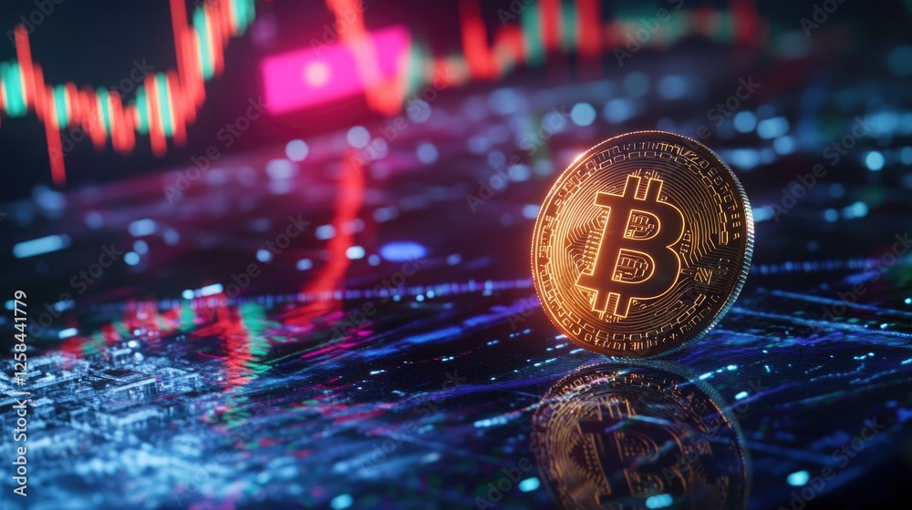Poster A bitcoin symbol sitting on top of a computer keyboard, perfect for illustrating digital currency or technology-related concepts