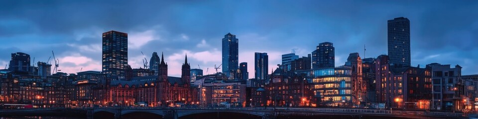Fototapeta premium Nighttime cityscape with a prominent bridge illuminated against the dark sky