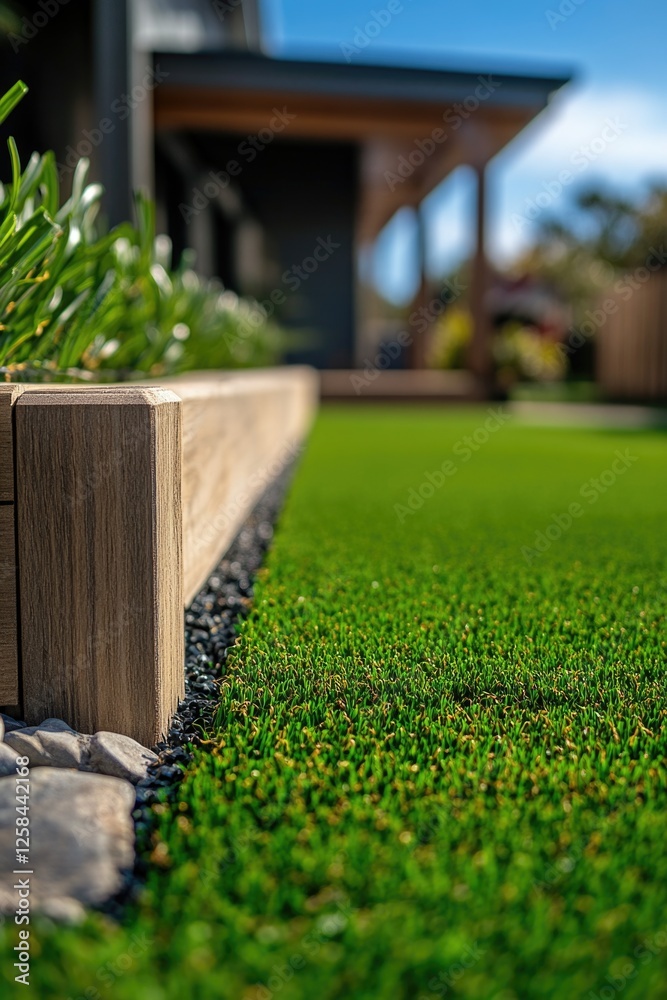 Poster a close-up view of a wooden block lying on the grass, with greenery surrounding it