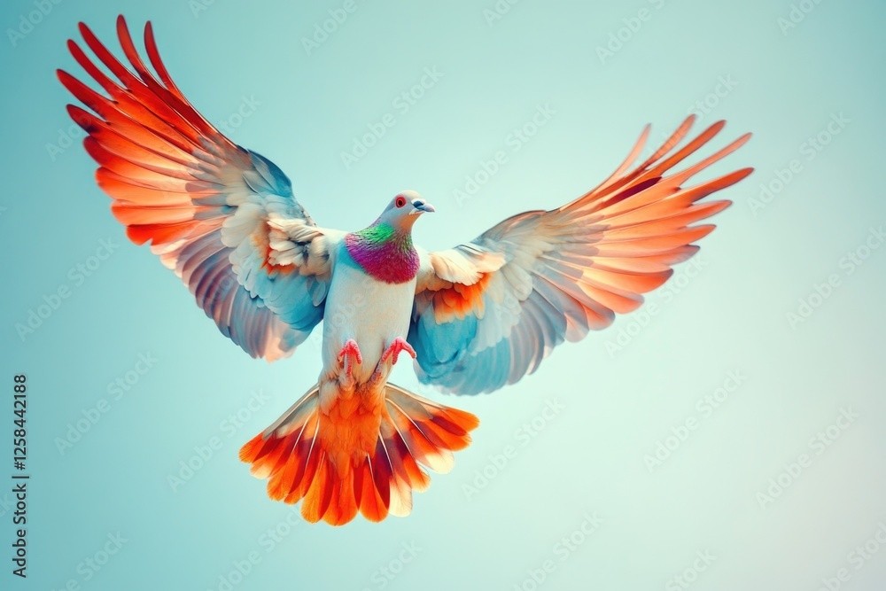 Poster a colorful bird soaring through the clouds with vibrant plumage and outstretched wings