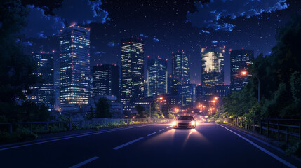 Obraz premium A nighttime cityscape featuring a smooth asphalt road, illuminated by modern city lights--an ideal setting for car advertising