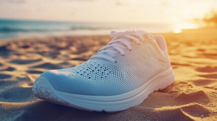 Fototapeta premium Sunrise Beach Run: A Single White Sneaker on Golden Sand