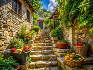 Fototapeta premium Stone Staircase, Old House Garden, Balchik, Bulgaria - Lush Greenery & Flowers