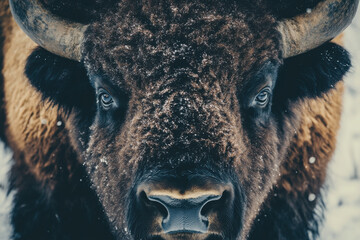 Bison with a thick fur coat, standing on a white background, representing strength and resilience