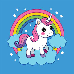 A baby unicorn standing on a rainbow, surrounded by fluffy clouds and twinkling stars