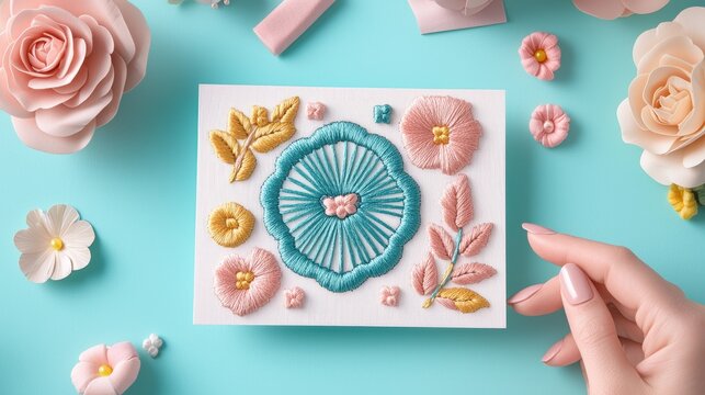 Concept of measurement customer satisfaction and loyalty. Delicate Floral Embroidery Design on Card Surrounded by Crafting Materials and Flowers