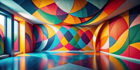 Obraz premium Abstract Colorful Room Interior Design with Geometric Wall Panels and Shiny Floor