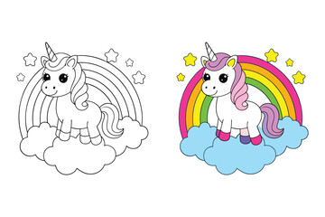 Baby unicorn standing on a cloud and rainbow behind it, color vector and line art vector illustration
