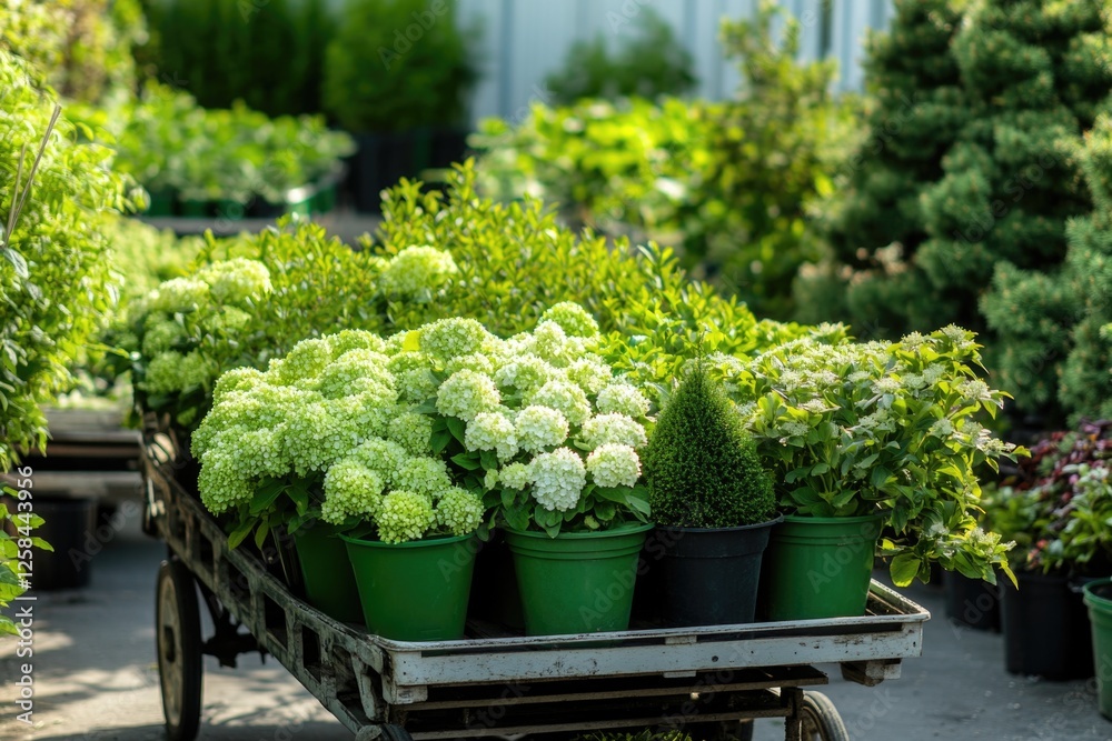 Poster A cart filled with various potted plants for gardening or decoration