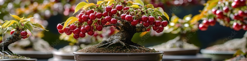 Poster compact bonsai tree with vibrant red peppers growing from the branches, ideal for editorial or comme
