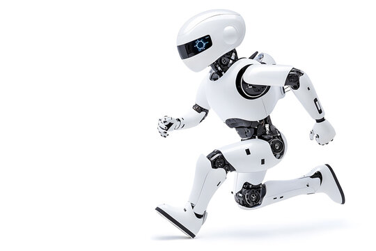 3d Artificial intelligence robot or cyborg jogging across isolated on white background