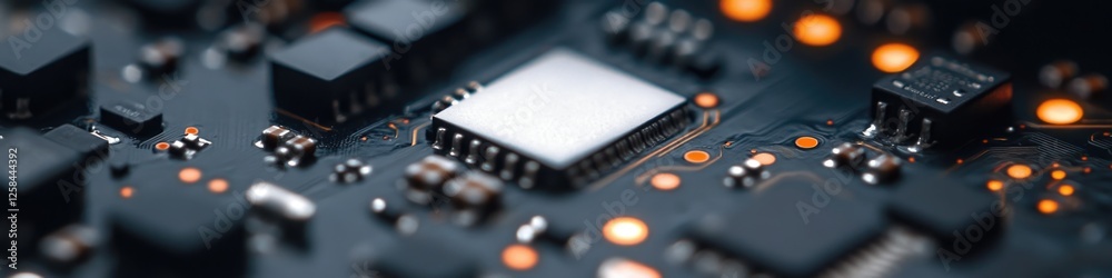 Poster a detailed view of various electronic components arranged on a black surface
