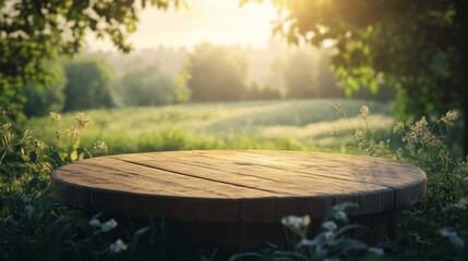 Naklejka premium A rustic wooden podium set in a lush farm landscape, bathed in warm morning sunlight--ideal for showcasing food, perfumes, or other products against a natural backdrop