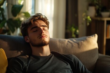 A person reclining on a sofa with their eyes shut, possibly resting or taking a nap