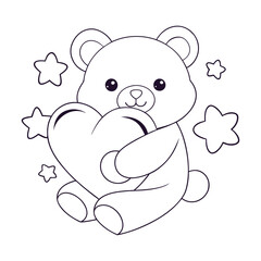 Naklejka premium a cheerful teddy bear hugging a heart-shaped pillow for a kid's coloring book