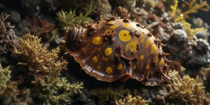 Dark brown hexaplex nigritus shell with yellow spots and seaweed , underwater world, marine life, hexaplex nigritus
