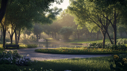 Obraz premium A serene park landscape basking in the soft glow of the morning sun, offering a peaceful retreat