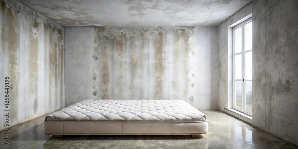 Wall mural A tufted mattress rests on a polished concrete floor in a room with distressed walls and a large window