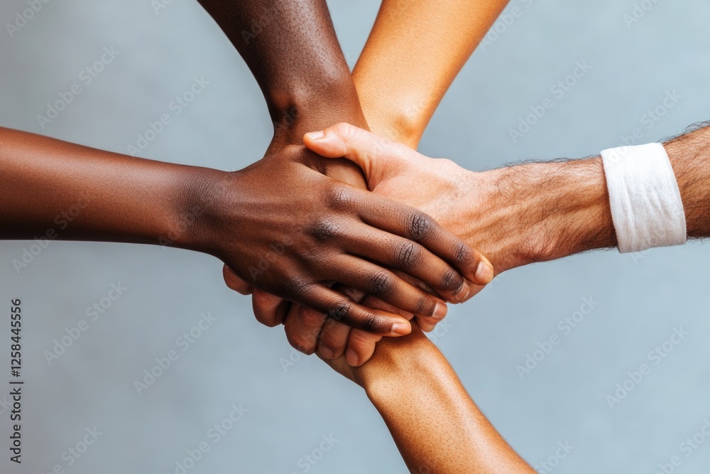 Poster a group of people forming a unity by placing their hands together