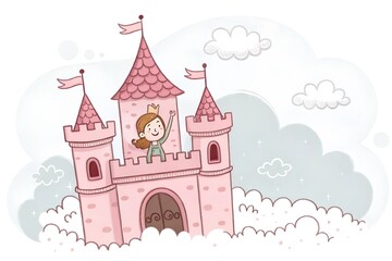 A charming pink castle hovers above the clouds, its heart-shaped towers glowing softly, creating a scene straight out of a romantic fairytale.