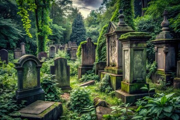 Darkened graveyard with crumbling headstones and overgrown vegetation, tombstones, darkness, eerie ambiance, trees, spooky atmosphere