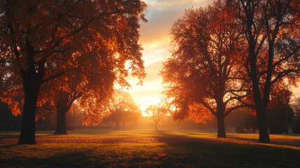 A stunning autumn scene featuring trees adorned with vibrant orange foliage, illuminated by the golden hues of a sunset in a peaceful park