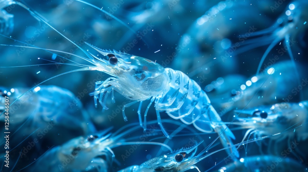 Poster A group of translucent shrimp moves dynamically through the water, showcasing their delicate features and agility. The surrounding blue hues create a serene atmosphere in the ocean.