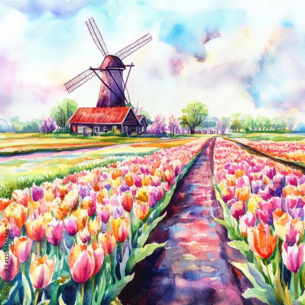 Aufkleber vibrant watercolor illustration of tulip fields with a windmill against a backdrop of spring colors.