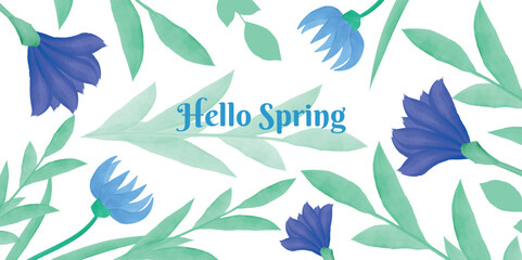 Hello Spring, Flowers, Spring or Summer with blooming blue meadow flowers and foliage. Watercolor. Multi-colored garden flowers