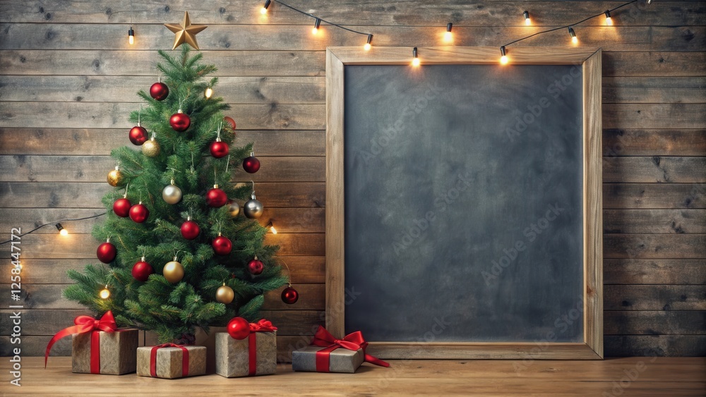 Poster rustic christmas scene with a decorated tree, presents, and a blank chalkboard for your message