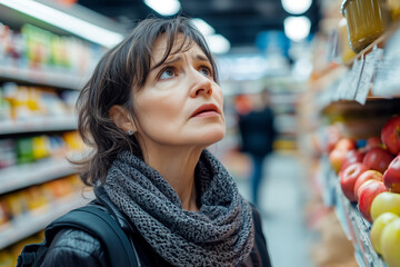Upset spanish mature woman looking on a price tags in supermarket. Inflation concept