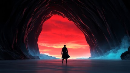 Fototapeta premium Silhouette of a man in a long coat emerges from a dark cave into a vibrant red sunset. A dramatic scene of mystery and hope.