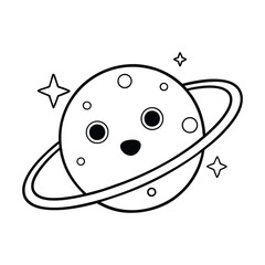 A cute planet with a happy face, surrounded by rings, and stars for the coloring page