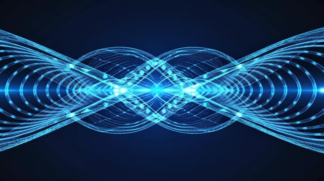 Merging cosmic digital, theme glowing particles traverse curved, mirror-like trajectories, streams of celestial data. balanced structure abstract blue background futuristic, information-driven vibe