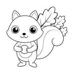 A cute squirrel holding an acorn, standing next to a tree with autumn leaves falling for kids' coloring book