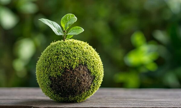 An artistic representation of a moss-covered earth ball with a sprout emerging, symbolizing growth and sustainability in harmony with nature in a serene environment.