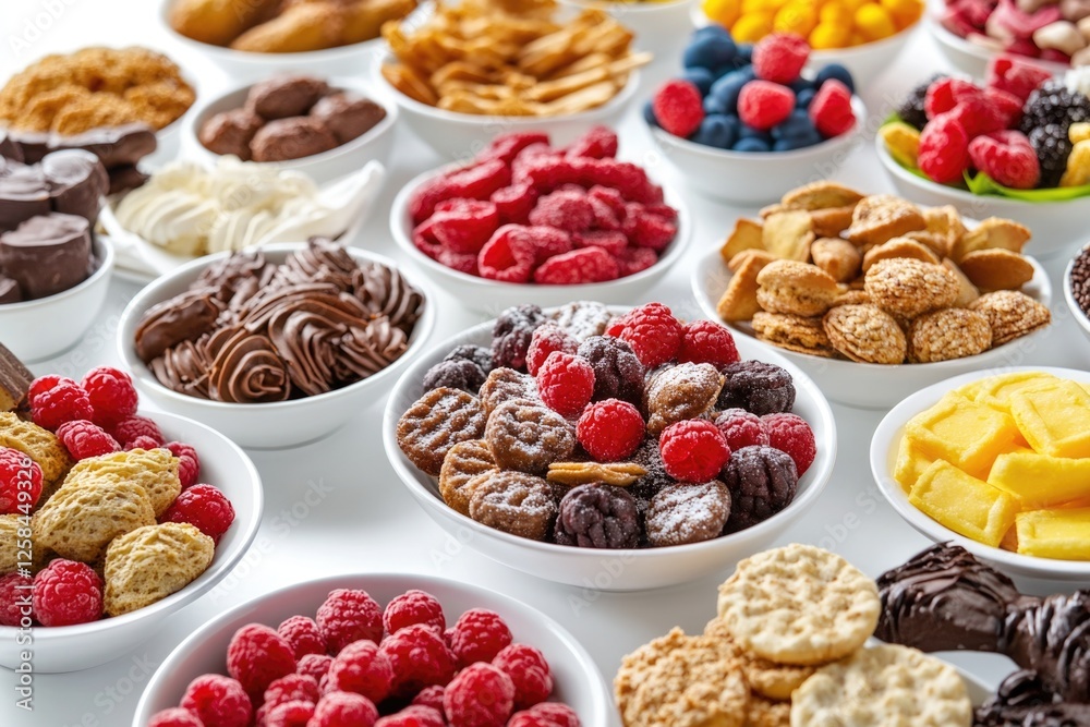 Poster a table filled with various bowls of desserts, perfect for events or parties