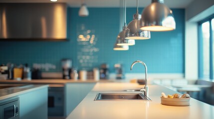 Sleek modern hotel kitchen with minimal design and pendant lighting