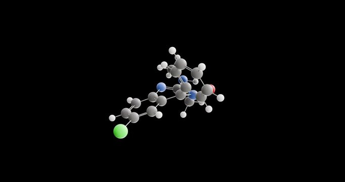 Chlordiazepoxide molecule, rotating 3D model of sedative, looped video on a black background