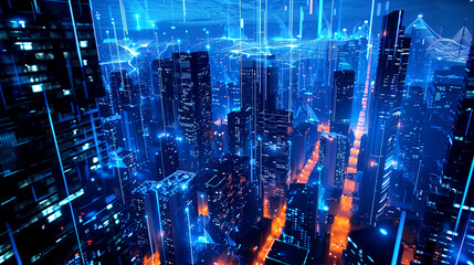 Fototapeta premium Futuristic digital cityscape with neon lights and virtual data overlays, depicting advanced technology, urban infrastructure, and innovation.
